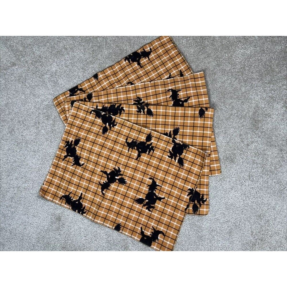 VTG‎ Set of 4 Halloween Cotton Canvas Placemat Orange Plaid & Black Witch 19x13”